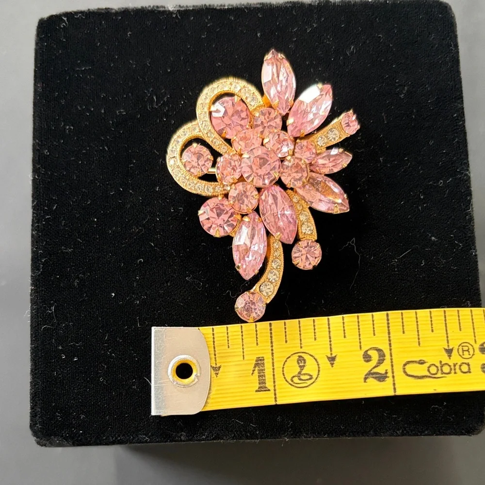 Signed Eisenberg Ice Pink Rhinestone Floral Swirl Brooch Vintage Glam